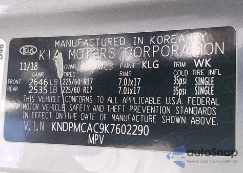 2019 Kia Sportage Lx z USA, uszkodzony, nr VIN KNDPMCAC9K7602290